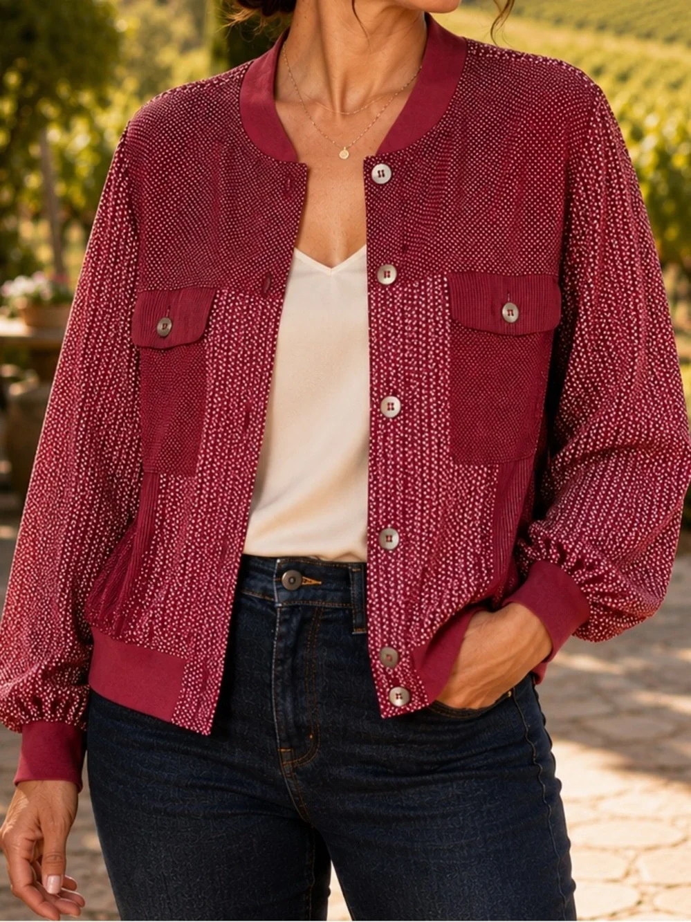 Vintage Carole Little 100% Silk Bomber Jacket Burgundy Print Size 10